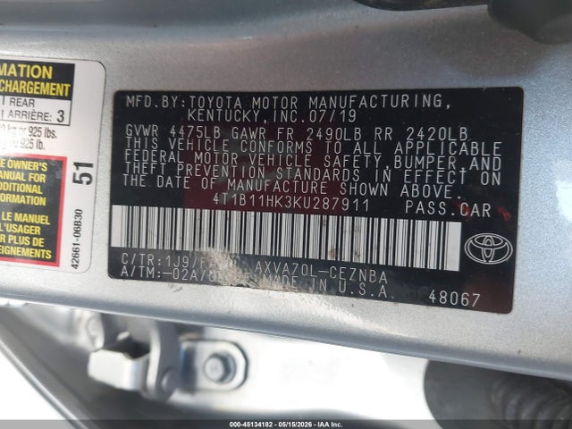 45134182 :رقم المزاد ، 4T1B11HK3KU287911 vin ، 2019 Toyota Camry Le مزاد بيع