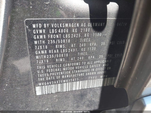 Продаж на аукціоні авто 2014 Volkswagen Tiguan Se, vin: WVGAV3AX2EW611411, номер лоту: 45134186