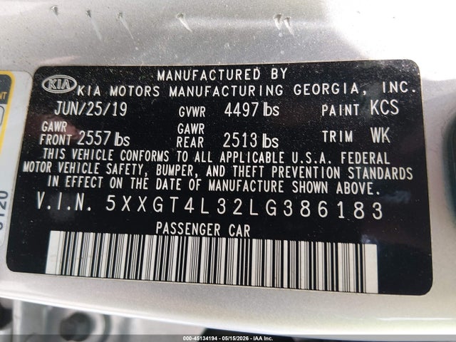 KIA Optima Lx 2020 5XXGT4L32LG386183 Image 9