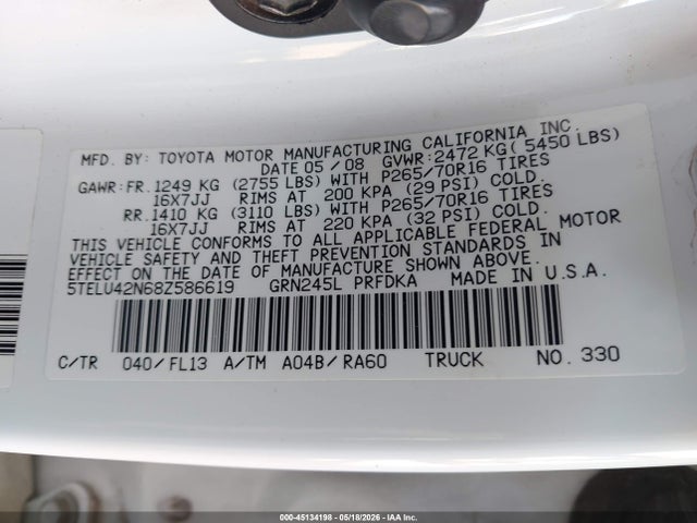 45134198 :رقم المزاد ، 5TELU42N68Z586619 vin ، 2008 Toyota Tacoma Base V6 مزاد بيع