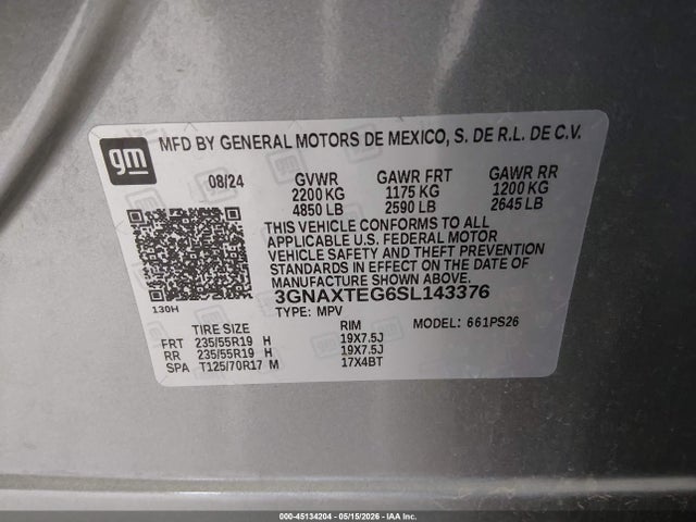 Aukcja sprzedaży 2025 Chevrolet Equinox Awd Rs, vin: 3GNAXTEG6SL143376, numer aukcji: 45134204