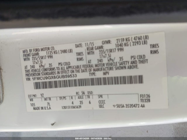 2016 Ford Escape Se მანქანა იყიდება აუქციონზე, vin: 1FMCU9GX6GUB59533, აუქციონის ნომერი: 45134205