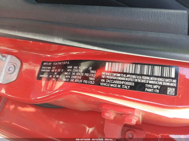 45134209 :رقم المزاد ، ZACCJABB0HPG60933 vin ، 2017 Jeep Renegade Altitude Fwd مزاد بيع