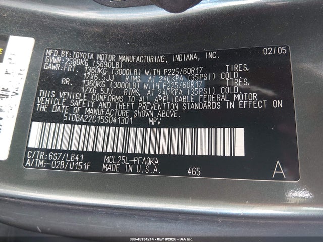 2005 Toyota Sienna Xle Limited მანქანა იყიდება აუქციონზე, vin: 5TDBA22C15S041301, აუქციონის ნომერი: 45134214