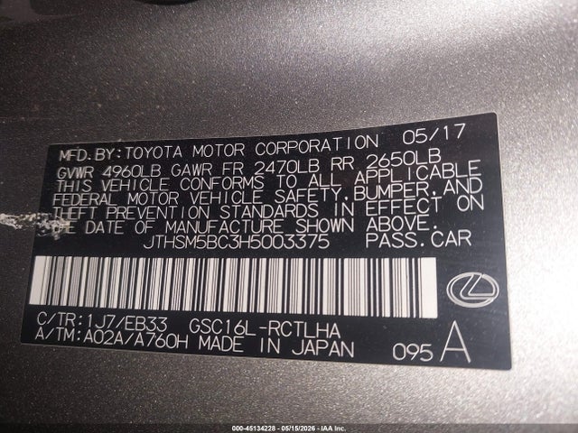 45134228 :رقم المزاد ، JTHSM5BC3H5003375 vin ، 2017 Lexus Rc 300 مزاد بيع