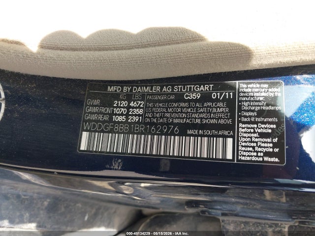 45134229 :رقم المزاد ، WDDGF8BB1BR162976 vin ، 2011 Mercedes-benz C 300 Sport 4matic مزاد بيع