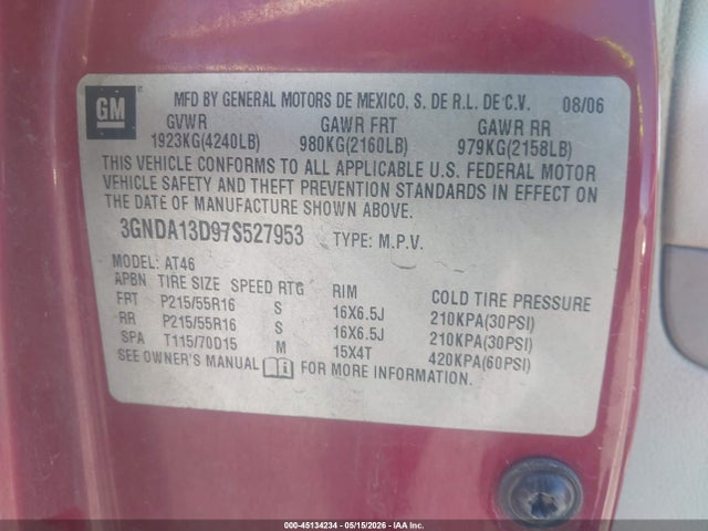 45134234 :رقم المزاد ، 3GNDA13D97S527953 vin ، 2007 Chevrolet Hhr Ls مزاد بيع