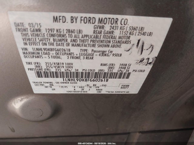 Продажа на аукционе авто 2015 Lincoln Mks, vin: 1LNHL9DK8FG602618, номер лота: 45134244
