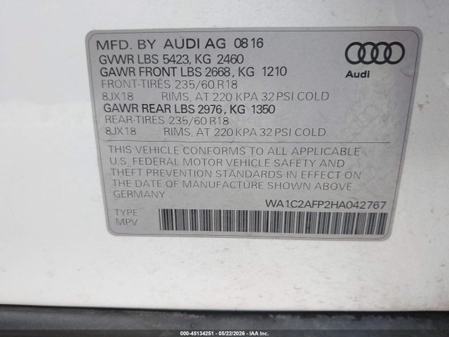Продажа на аукционе авто 2017 Audi Q5 2.0t Premium, vin: WA1C2AFP2HA042767, номер лота: 45134251
