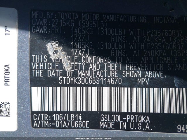 2011 Toyota Sienna Xle V6 მანქანა იყიდება აუქციონზე, vin: 5TDYK3DC6BS114670, აუქციონის ნომერი: 45134258