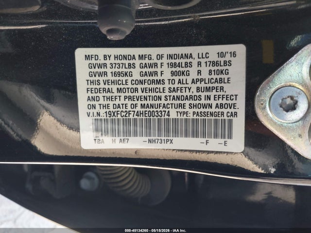 Продаж на аукціоні авто 2017 Honda Civic Ex, vin: 19XFC2F74HE003374, номер лоту: 45134260