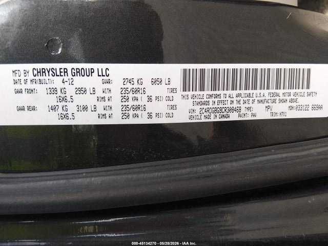 Продажа на аукционе авто 2012 Dodge Grand Caravan Se/avp, vin: 2C4RDGBG9CR308468, номер лота: 45134270