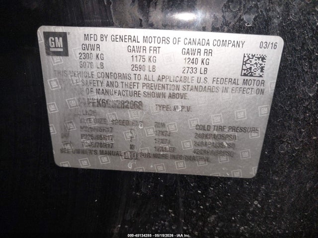 Продаж на аукціоні авто 2016 Chevrolet Equinox Lt, vin: 2GNFLFEK6G6282068, номер лоту: 45134285