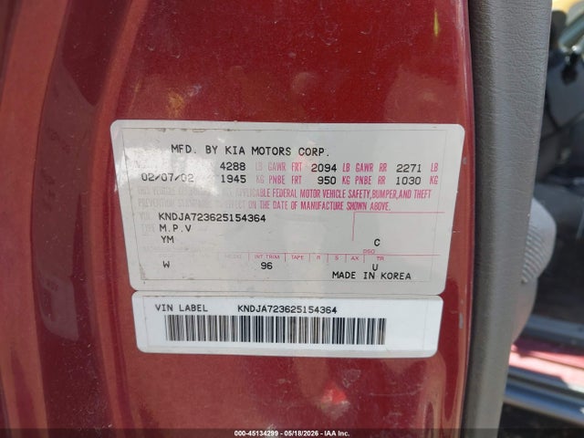 Auction sale of the 2002 Kia Sportage, vin: KNDJA723625154364, lot number: 45134299