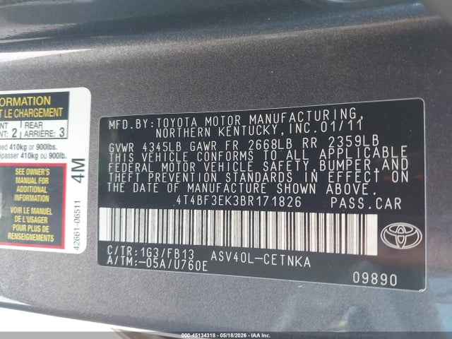 45134318 :رقم المزاد ، 4T4BF3EK3BR171826 vin ، 2011 Toyota Camry Le مزاد بيع