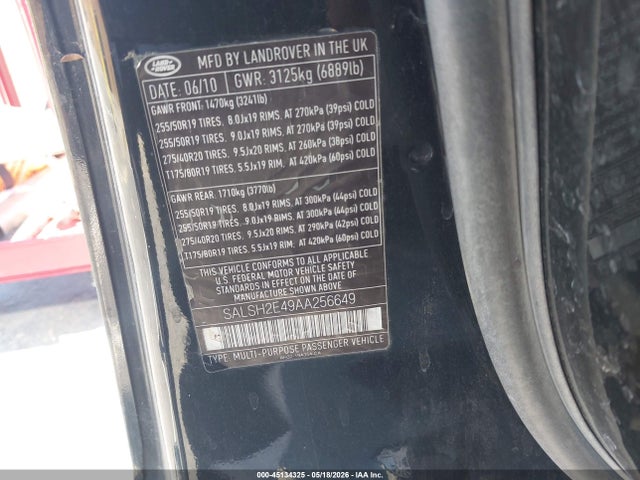2010 Land Rover Range Rover Sport Supercharged მანქანა იყიდება აუქციონზე, vin: SALSH2E49AA256649, აუქციონის ნომერი: 45134325