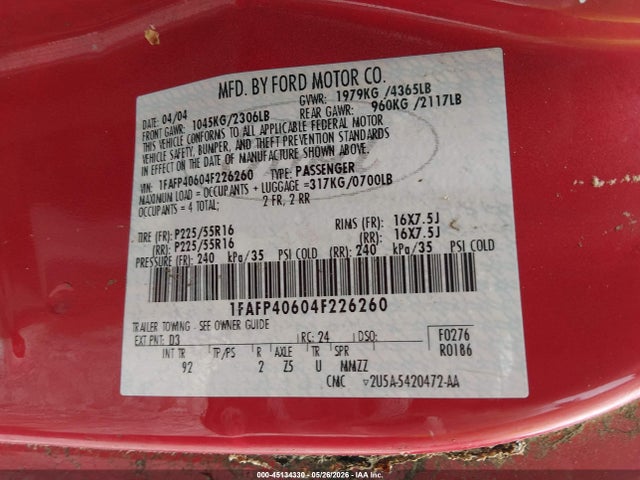 2004 Ford Mustang მანქანა იყიდება აუქციონზე, vin: 1FAFP40604F226260, აუქციონის ნომერი: 45134330
