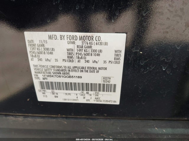 2016 Ford Explorer Xlt მანქანა იყიდება აუქციონზე, vin: 1FM5K7D81GGB51189, აუქციონის ნომერი: 45134334