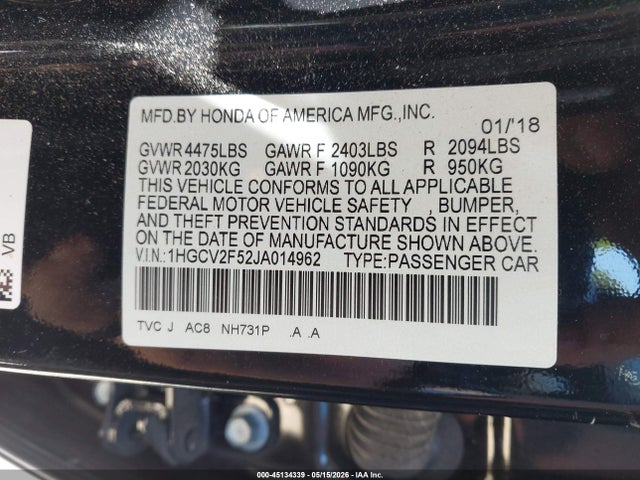 2018 Honda Accord Ex-l 2.0t მანქანა იყიდება აუქციონზე, vin: 1HGCV2F52JA014962, აუქციონის ნომერი: 45134339
