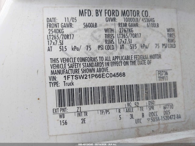 45134340 :رقم المزاد ، 1FTSW21P66EC04568 vin ، 2006 Ford F-250 Lariat/xl/xlt مزاد بيع