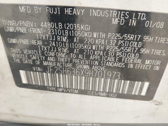 2009 Subaru Forester 2.5x მანქანა იყიდება აუქციონზე, vin: JF2SH636X9H701973, აუქციონის ნომერი: 45134341