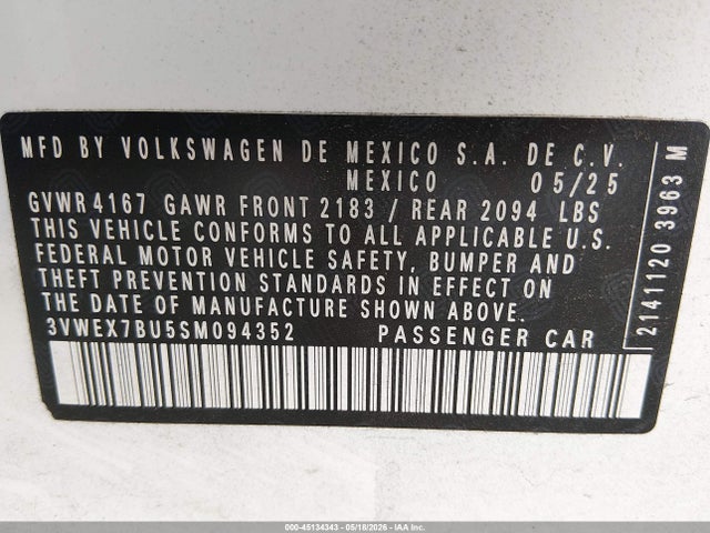 2025 Volkswagen Jetta 1.5t Se მანქანა იყიდება აუქციონზე, vin: 3VWEX7BU5SM094352, აუქციონის ნომერი: 45134343