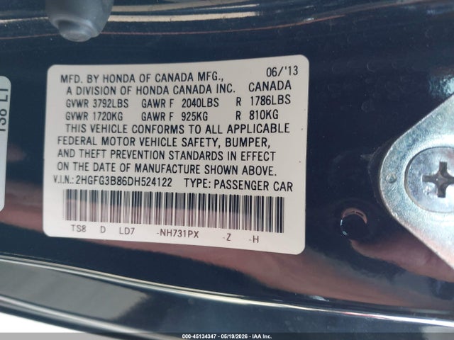 Aukcja sprzedaży 2013 Honda Civic Ex, vin: 2HGFG3B86DH524122, numer aukcji: 45134347