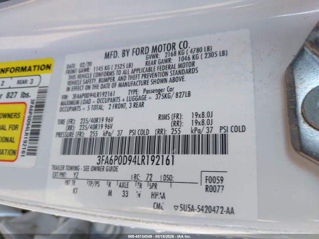 Продаж на аукціоні авто 2020 Ford Fusion Titanium, vin: 3FA6P0D94LR192161, номер лоту: 45134349