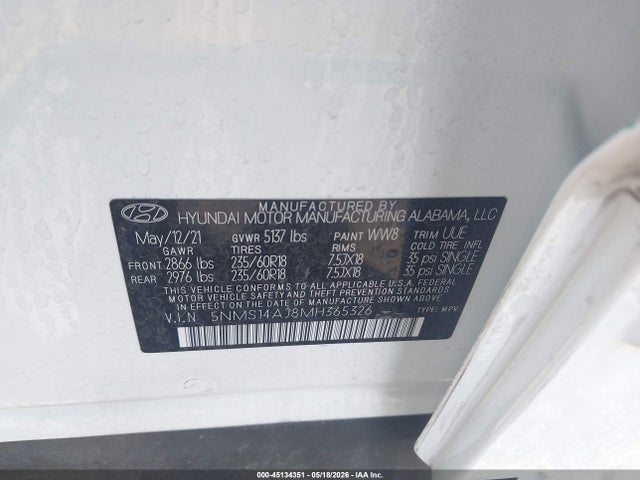 Продаж на аукціоні авто 2021 Hyundai Santa Fe Se, vin: 5NMS14AJ8MH365326, номер лоту: 45134351