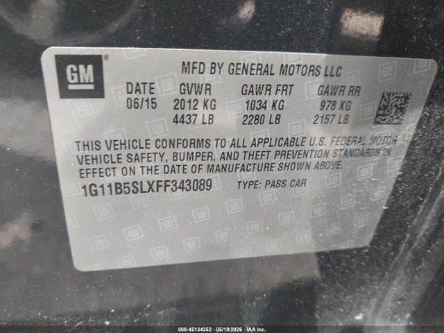 Продаж на аукціоні авто 2015 Chevrolet Malibu Ls, vin: 1G11B5SLXFF343089, номер лоту: 45134352