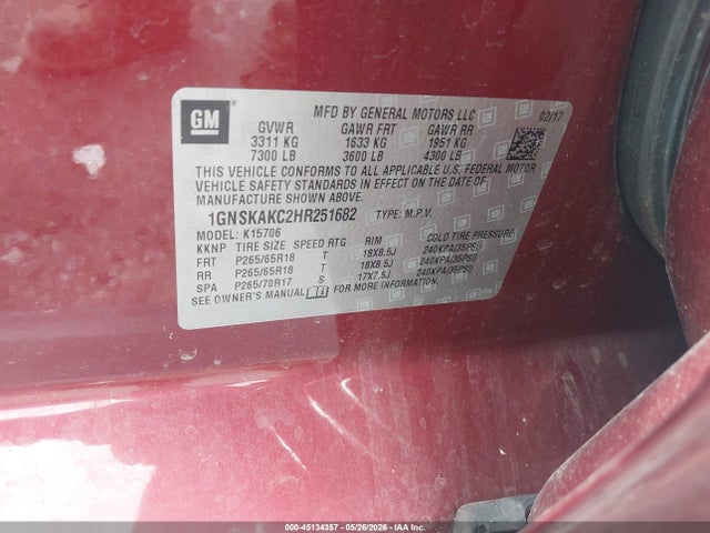 45134357 :رقم المزاد ، 1GNSKAKC2HR251682 vin ، 2017 Chevrolet Tahoe Ls مزاد بيع