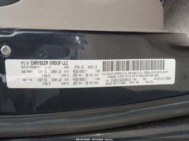 2014 Dodge Grand Caravan Sxt მანქანა იყიდება აუქციონზე, vin: 2C4RDGCG6ER290514, აუქციონის ნომერი: 45134364