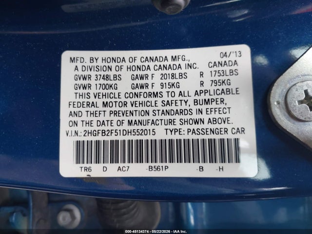 Продажа на аукционе авто 2013 Honda Civic Lx, vin: 2HGFB2F51DH552015, номер лота: 45134374