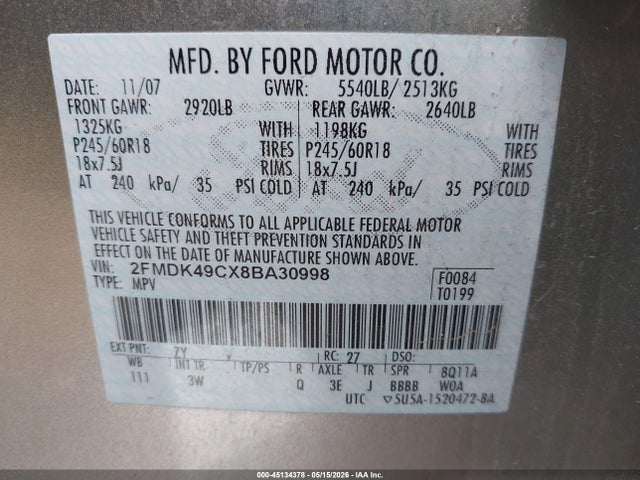 Продаж на аукціоні авто 2008 Ford Edge Limited, vin: 2FMDK49CX8BA30998, номер лоту: 45134378