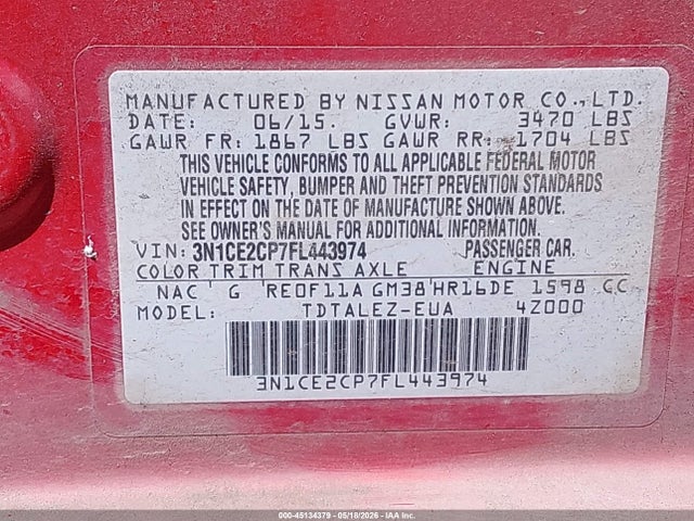 3N1CE2CP7FL443974 Nissan Versa Note S (sr)/s Plus/sl/sr/sv