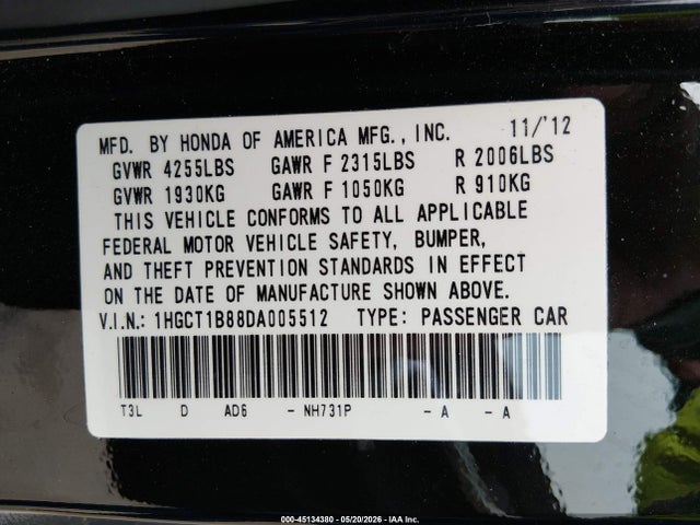 Aukcja sprzedaży 2013 Honda Accord Ex-l, vin: 1HGCT1B88DA005512, numer aukcji: 45134380