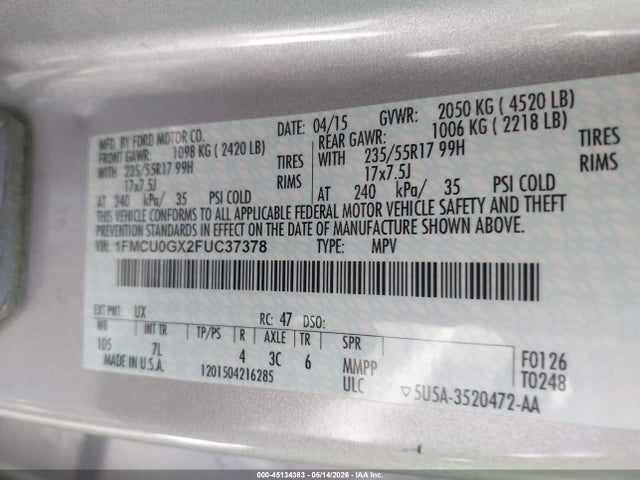 Aukcja sprzedaży 2015 Ford Escape Se, vin: 1FMCU0GX2FUC37378, numer aukcji: 45134383