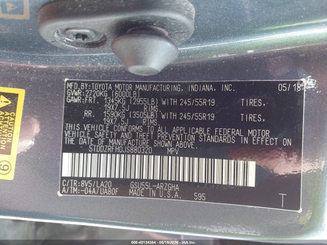 45134384 :رقم المزاد ، 5TDDZRFH0JS880320 vin ، 2018 Toyota Highlander Limited مزاد بيع