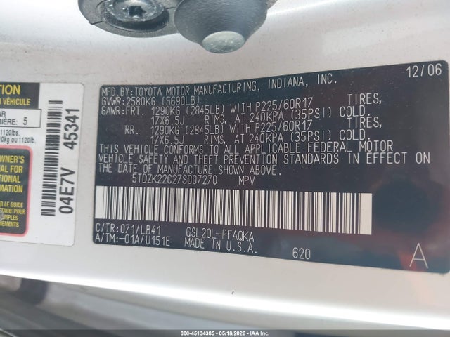Aukcja sprzedaży 2007 Toyota Sienna Xle, vin: 5TDZK22C27S007270, numer aukcji: 45134385