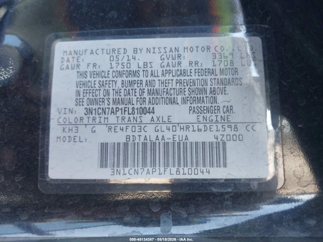 Aukcja sprzedaży 2015 Nissan Versa 1.6 S, vin: 3N1CN7AP1FL810044, numer aukcji: 45134387