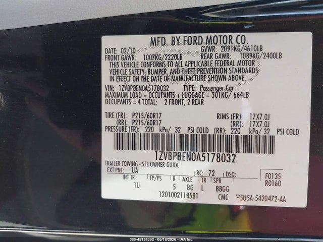 Aukcja sprzedaży 2010 Ford Mustang V6/v6 Premium, vin: 1ZVBP8EN0A5178032, numer aukcji: 45134392