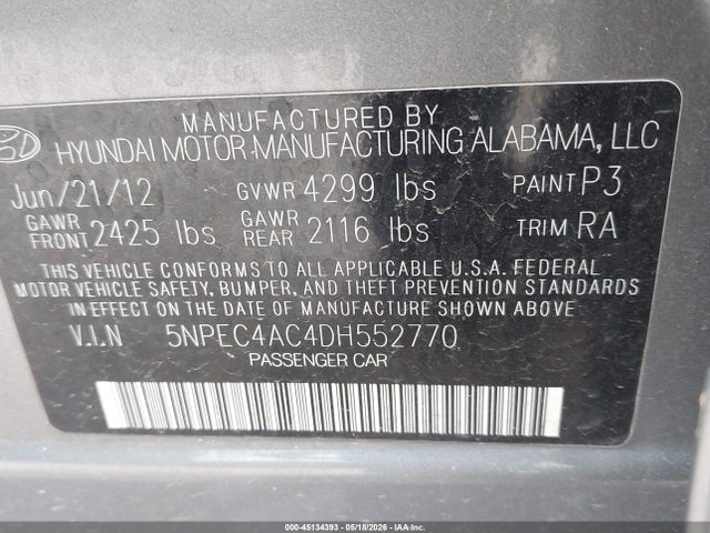 2013 Hyundai Sonata Se მანქანა იყიდება აუქციონზე, vin: 5NPEC4AC4DH552770, აუქციონის ნომერი: 45134393