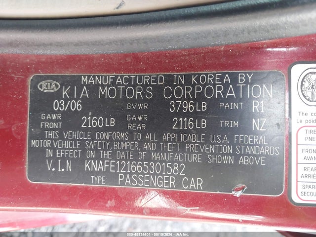 2006 Kia Spectra Ex/lx/sx მანქანა იყიდება აუქციონზე, vin: KNAFE121665301582, აუქციონის ნომერი: 45134401