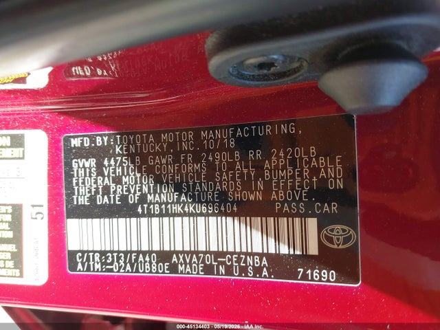 Aukcja sprzedaży 2019 Toyota Camry Le, vin: 4T1B11HK4KU696404, numer aukcji: 45134403