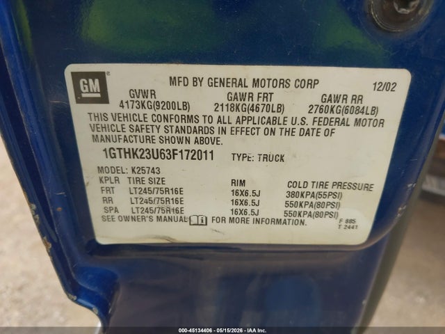 Продажа на аукционе авто 2003 Gmc Sierra 2500hd Slt, vin: 1GTHK23U63F172011, номер лота: 45134406