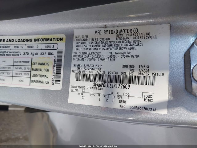 Продажа на аукционе авто 2018 Ford Fusion Hybrid Se, vin: 3FA6P0LU6JR172609, номер лота: 45134415
