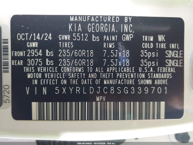 2025 Kia Sorento S მანქანა იყიდება აუქციონზე, vin: 5XYRLDJC8SG339701, აუქციონის ნომერი: 45134423