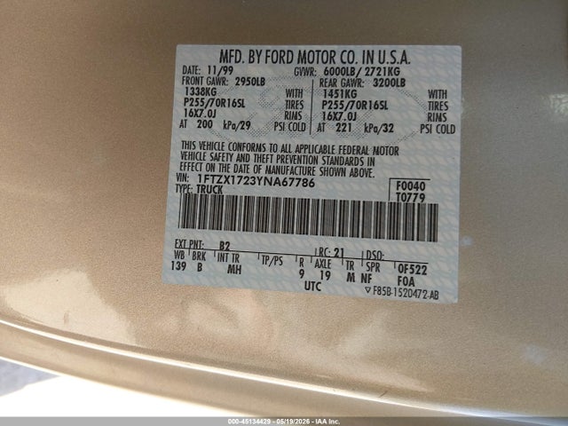 Aukcja sprzedaży 2000 Ford F-150 Work Series/xl/xlt, vin: 1FTZX1723YNA67786, numer aukcji: 45134429
