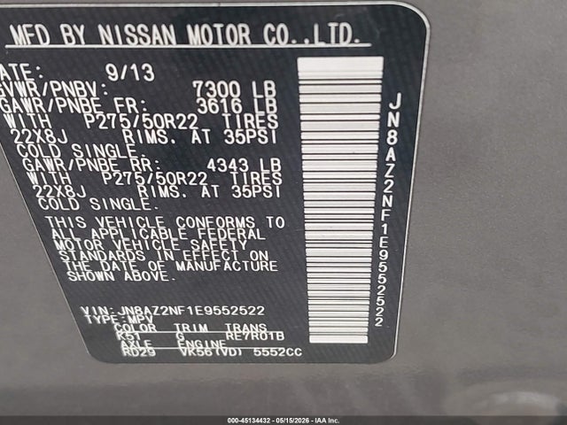 45134432 :رقم المزاد ، JN8AZ2NF1E9552522 vin ، 2014 Infiniti Qx80 مزاد بيع