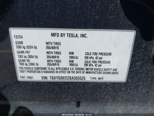 Aukcja sprzedaży 2025 Tesla Model Y Long Range Dual Motor All-wheel Drive, vin: 7SAYGDEE2SA355525, numer aukcji: 45134438